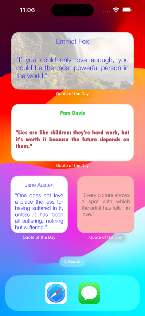 Quote of the Day Widget - Tela inicial do iOS apresentando vários widgets de citação personalizados em tamanhos e cores diferentes