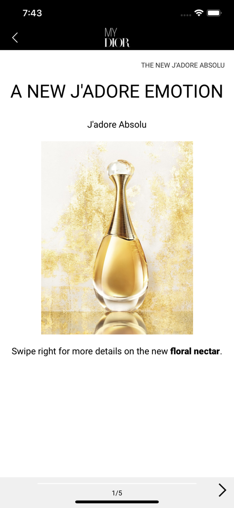 Internal training module screen from the MY DIOR app featuring the J'adore Absolu fragrance bottle against a gold background