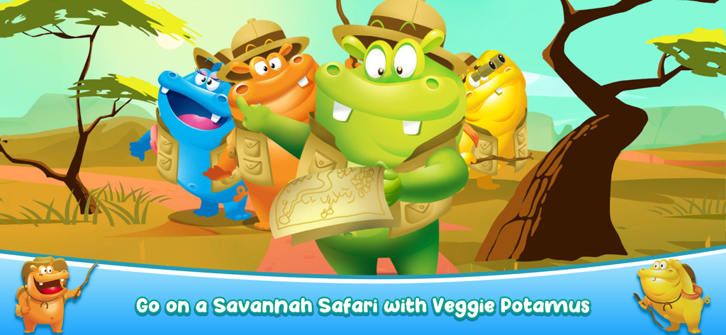 Four colorful hippos in safari outfits exploring a savannah with a map