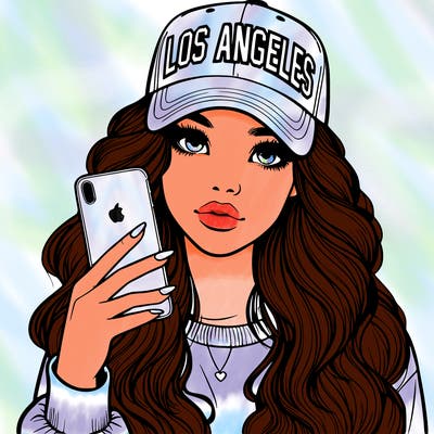 realistic beautiful girl wearing los ángeles cap holding an iphone