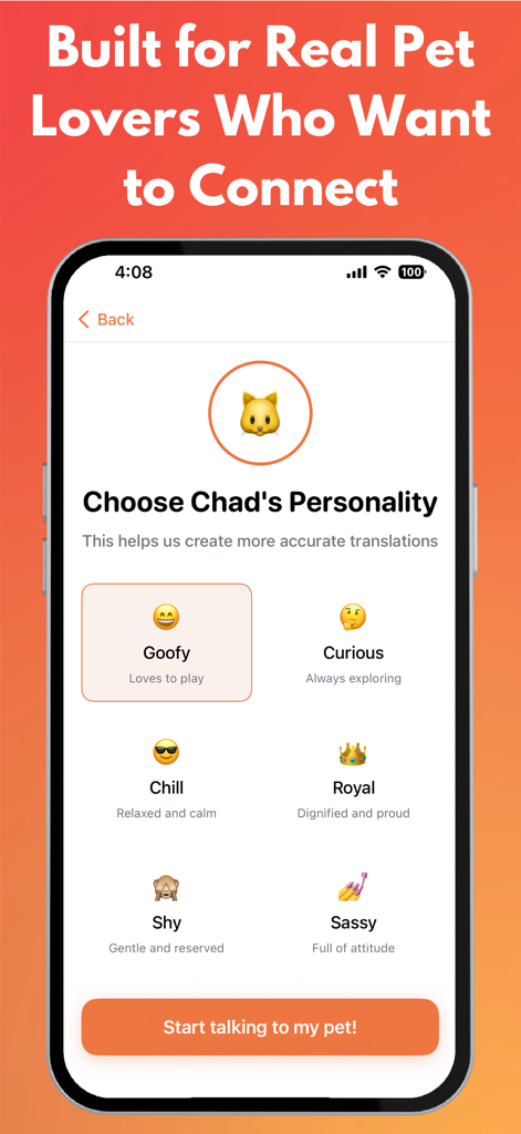 Dog & Cat Translator: Pet AI - Selecting a pet personality trait to customize AI translations for dogs and cats.