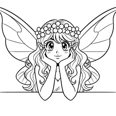a fairy facing forward with her hands under chin like shes day dreaming, elbows on table put flower crown around her head and make her hair long and curly with big beautiful fairy wings, zoom in a little