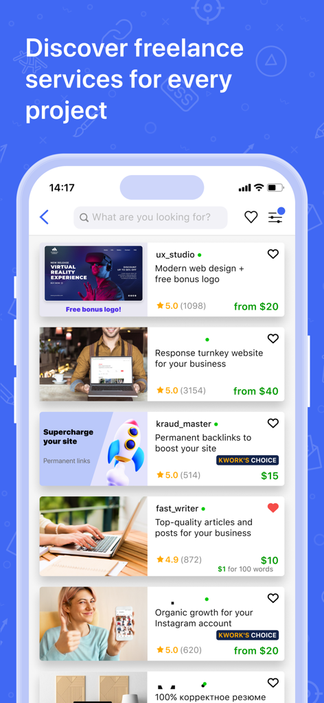 Mobile app interface of Kwork showing a catalog of freelance services including web design and SEO