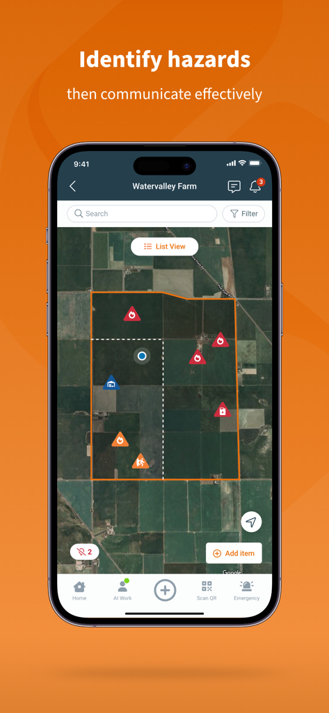 Safe Ag Systems™ - App Safe Ag Systems che mostra una mappa satellitare della fattoria Watervalley con varie icone di identificazione dei pericoli e confini della proprietà.