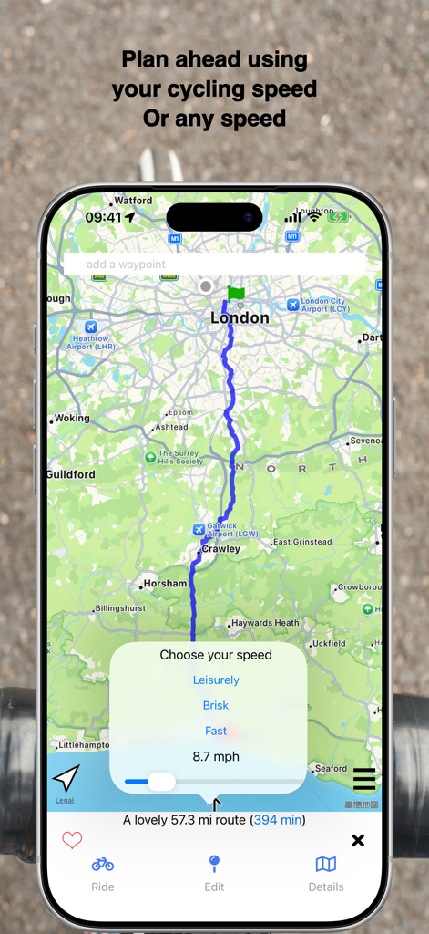 CycleMaps - CycleMaps app on iPhone showing a 57 mile route and a pop up to select cycling speed