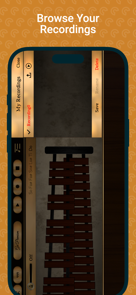 Interfaz de la aplicación Xylophone Sim mostrando un menú para explorar y administrar grabaciones guardadas.