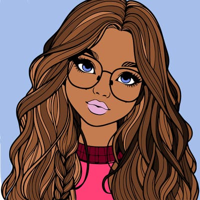 girl with long hair and freckles and glasses realistic