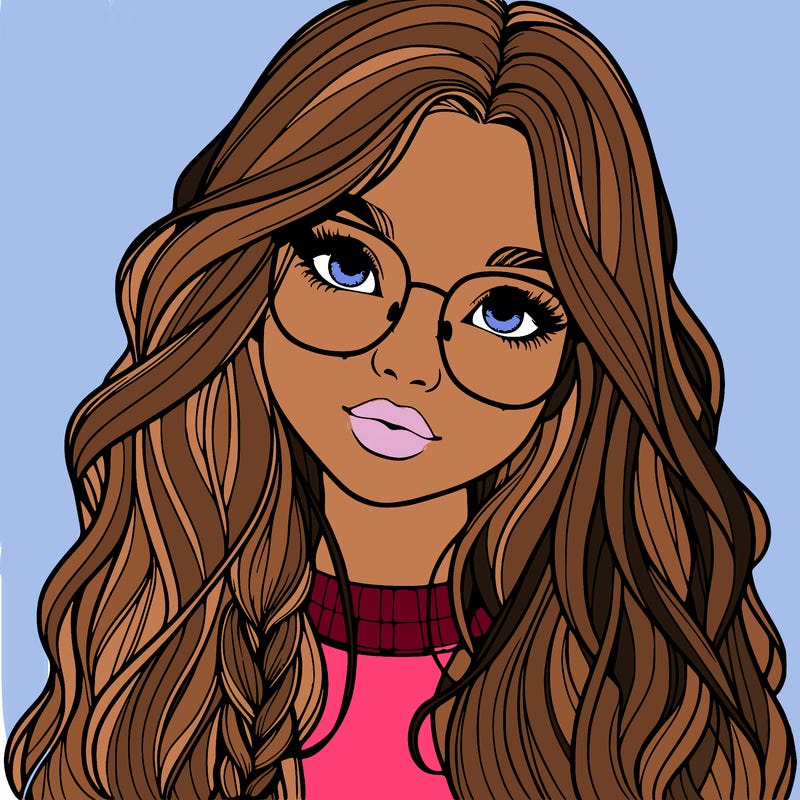 girl with long hair and freckles and glasses realistic