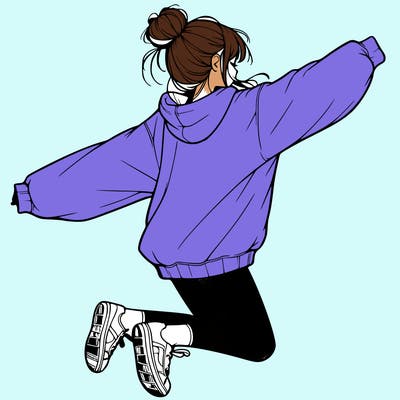 realistic girl jumping with a bun and oversized sweatshirt