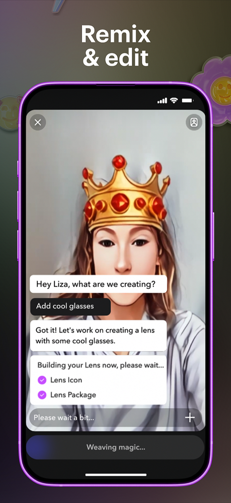 Lens Studio app interface showing conversational AI remixing an AR lens with text prompts