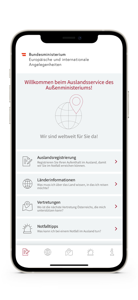 オーストリアの海外サービスアプリのホーム画面。渡航登録と緊急ヒントが表示されています。