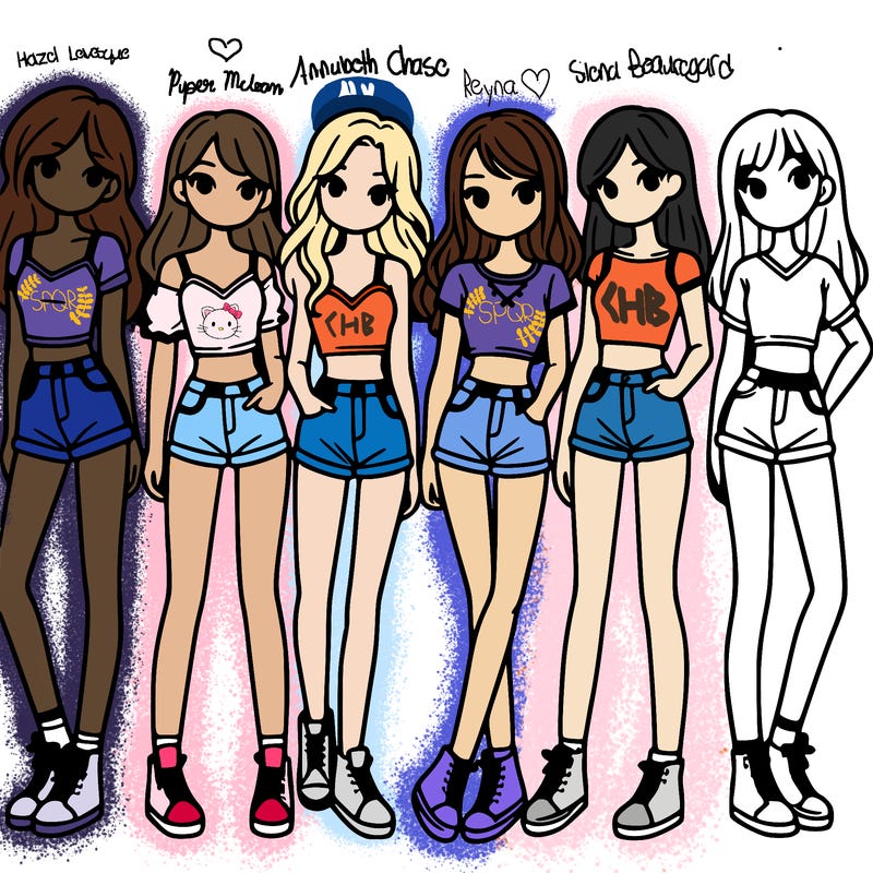 a group of girls wearing crop tops and shorts