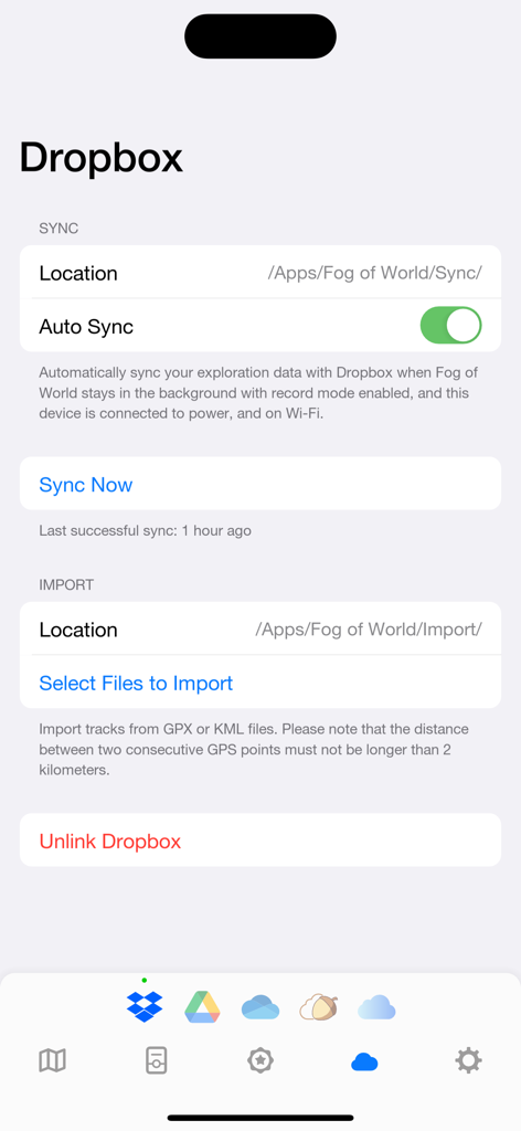 Fog of World - Interface for Dropbox synchronization and track importing in the Fog of World app.