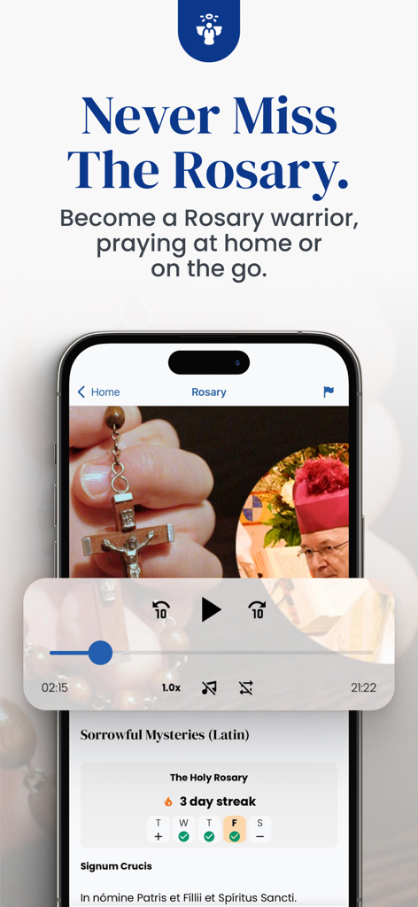 Sanctifica: Catholic Calendar - Smartphone displaying the Sanctifica app Latin Rosary audio player and prayer habit streak tracker