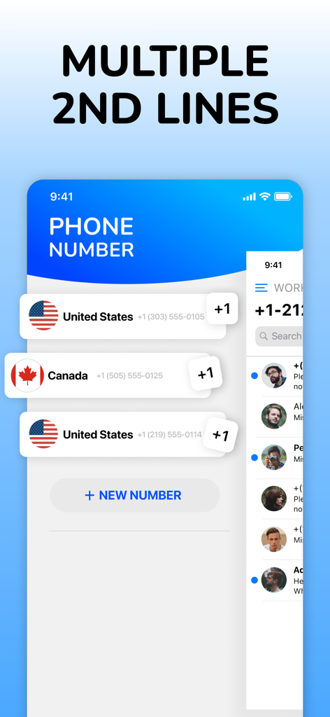 Second Number Line App Numbers - Interfaz de la aplicación móvil que muestra múltiples líneas telefónicas virtuales para EE. UU. y Canadá