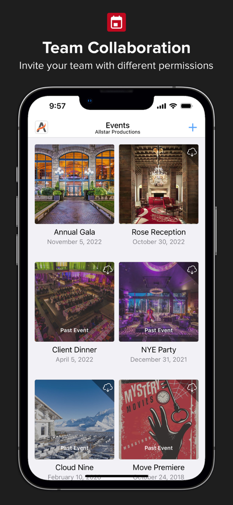 Events & Guest Lists | Diobox - Tela do aplicativo Diobox mostrando um painel de eventos profissional com uma lista de eventos futuros e passados para colaboração em equipe
