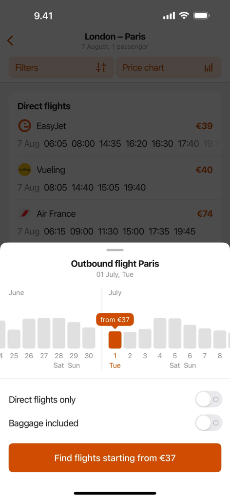 All Airlines:Best flight deals - All Airlines app price calendar showing daily flight costs for a London to Paris trip