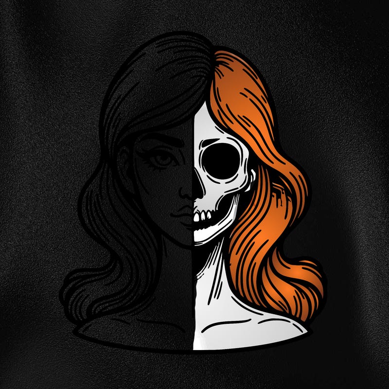 bust of a woman, half face and hair, half skull