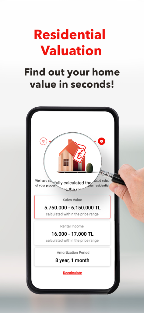 Hepsiemlak – Property Listings - Tela do aplicativo móvel Hepsiemlak exibindo resultados de avaliação de propriedades residenciais, incluindo preço de venda e renda de aluguel