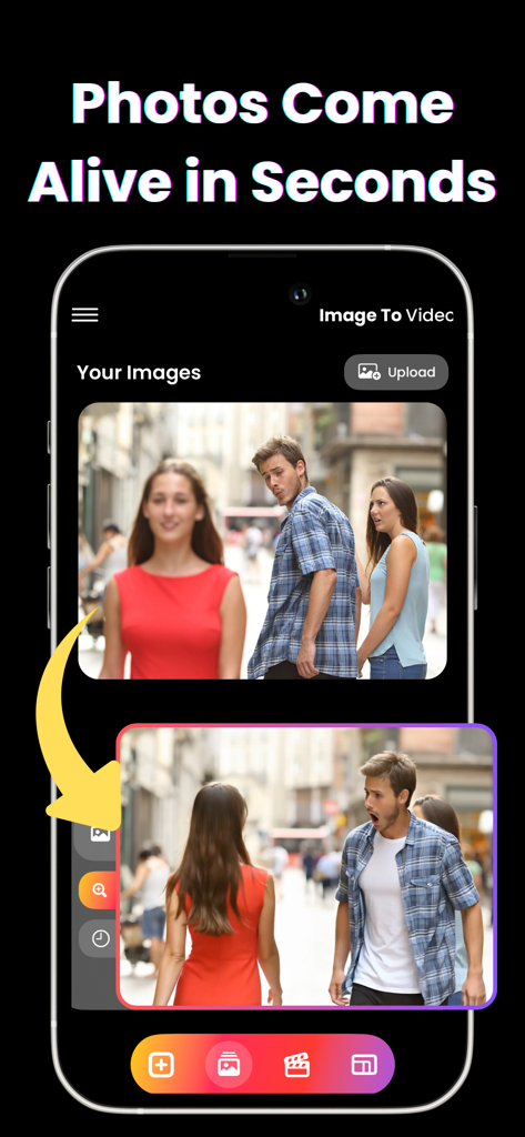Mobile app interface of VIBE showing how to turn a static photo into a video using AI.