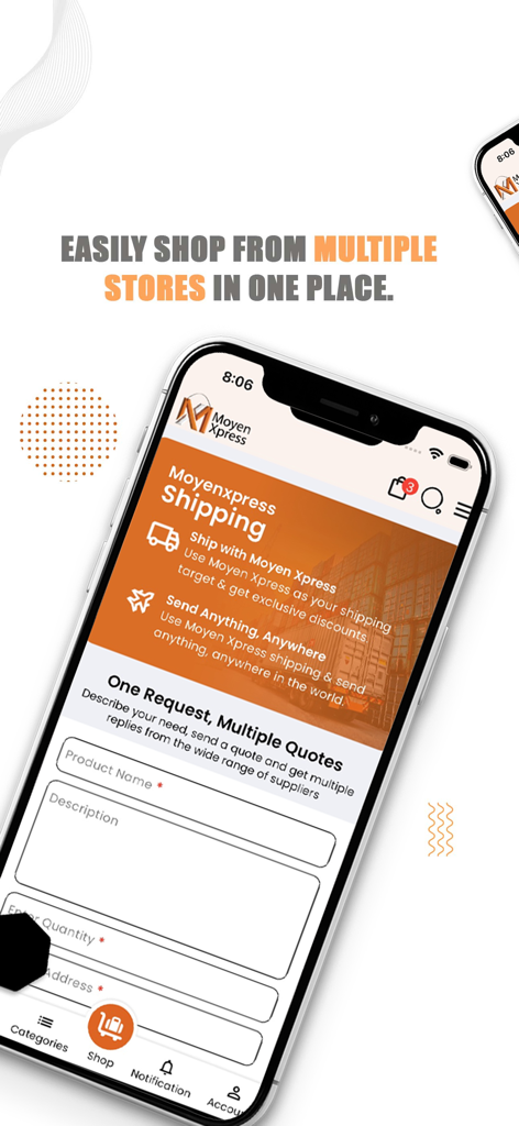 配送サービスと商品見積もり依頼のためのMoyen Xpressモバイルアプリインターフェース