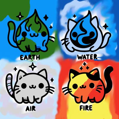 4 cats that represent the different elements, earth, water, air, and fire