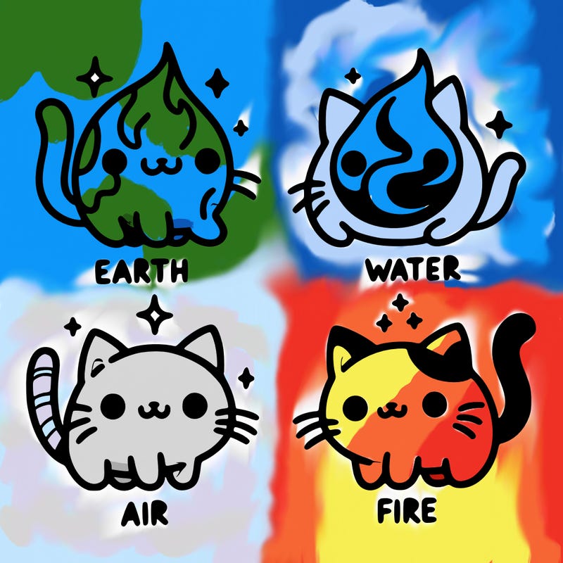4 cats that represent the different elements, earth, water, air, and fire