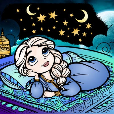 a princess lying on her back on a blanket, looking up at the stars with a dreamy expression.