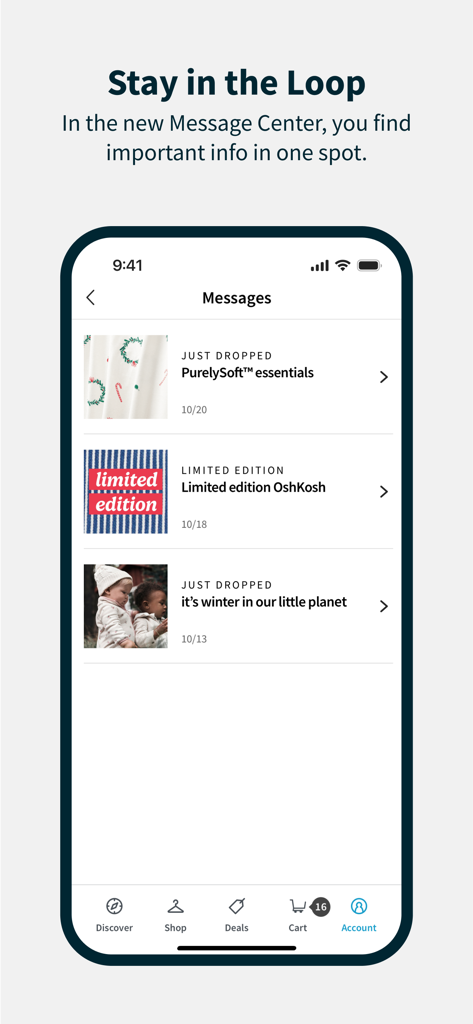 Carter's mobile app message center screen displaying notifications for new clothing arrivals and limited edition collections.