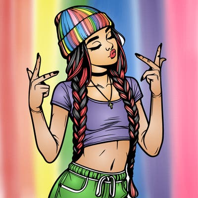 realistic teenage girl with braids and a beanie and crop top doing 🫶🏼