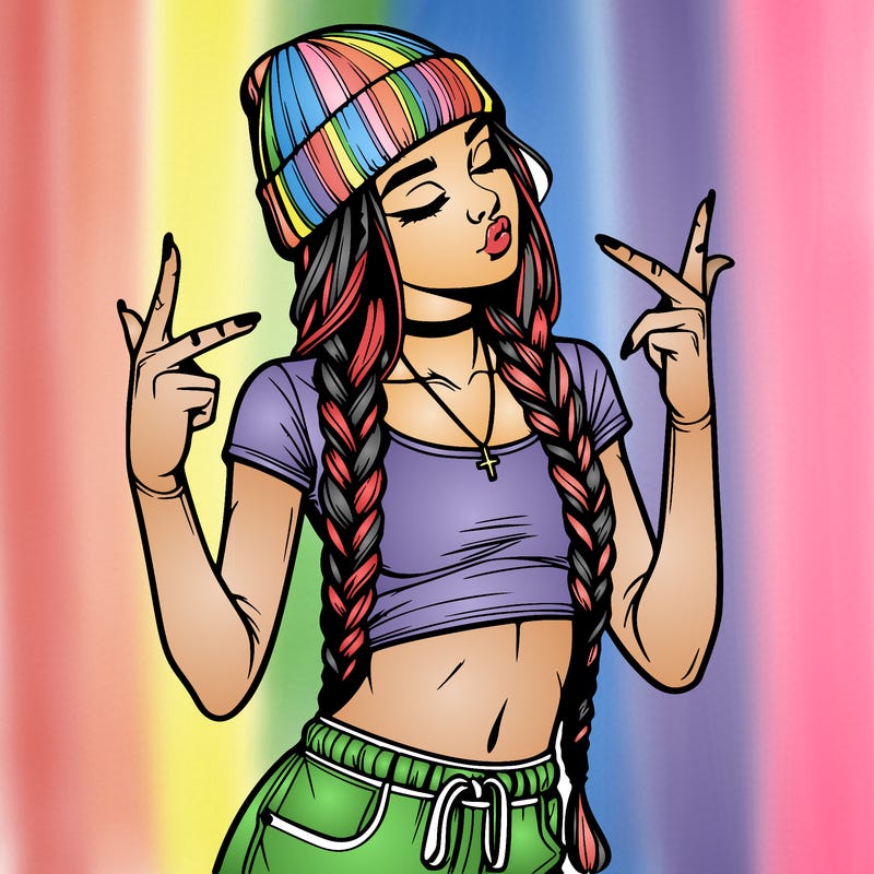 realistic teenage girl with braids and a beanie and crop top doing 🫶🏼