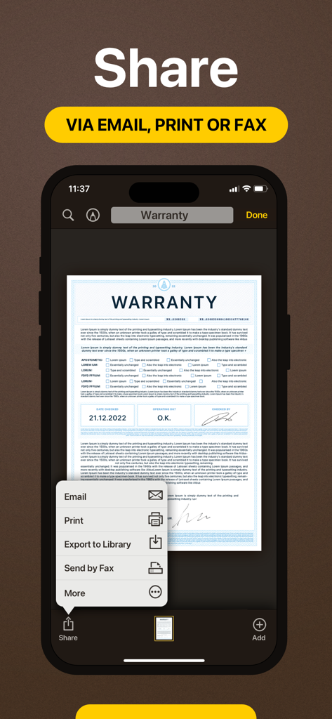 My Scans, best PDF Scanner App - Interfaccia dell'app mobile che mostra le opzioni di condivisione documenti per email, stampa e fax