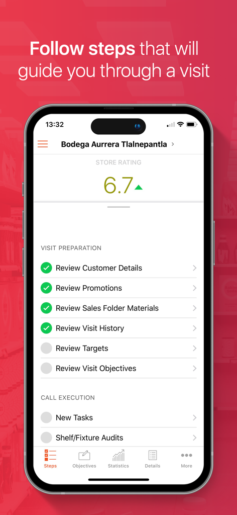 Uma interface móvel do aplicativo Exceedra RE Enterprise mostrando uma lista de verificação de visita à loja com etapas de preparação e tarefas de execução de chamada.