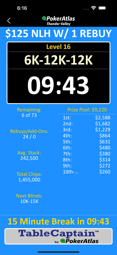 Live poker tournament clock and stats display on PokerAtlas app