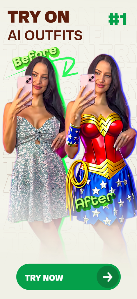Clothy: AI Clothes Changer - Una comparación de antes y después que muestra a una mujer usando la aplicación Clothy para transformar su vestido floral en un disfraz de superheroína.
