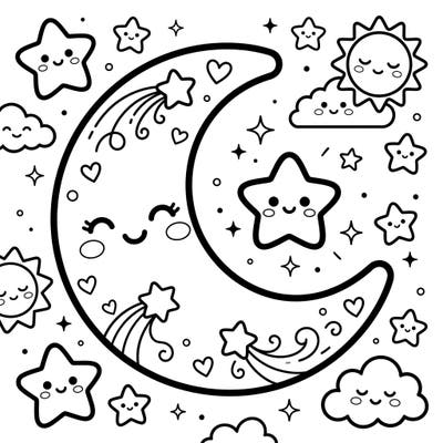 Discover the enchantment of the night sky with this delightful Kawaii Crescent Moon coloring page. Filled with smiling stars, fluffy clouds, and a happy sun, it offers a charming scene ready for your creative touch.