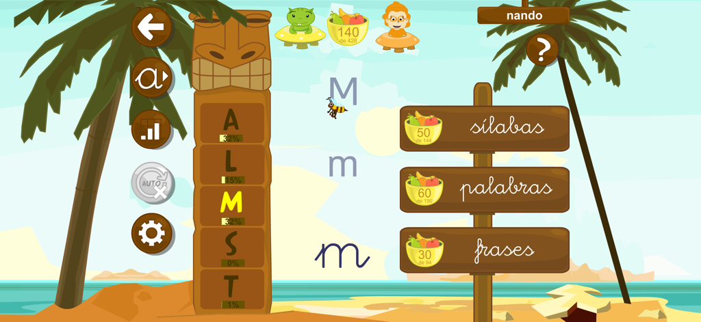 Leo con Grin FULL aprende leer - Pantalla de menú de aprendizaje para la aplicación de lectura en español Leo con Grin con opciones de sílabas, palabras y frases