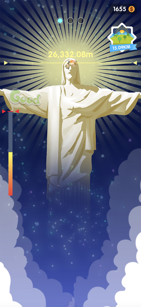 Lady Toss - A character in the Lady Toss mobile game being thrown high into the atmosphere past the Christ the Redeemer statue.