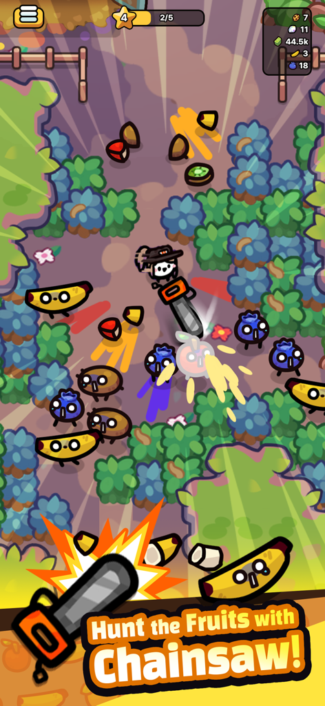 Chainsaw Juice King: Idle Shop - Captura de pantalla del juego de un personaje cortando lindas frutas antropomórficas con una motosierra en un huerto colorido