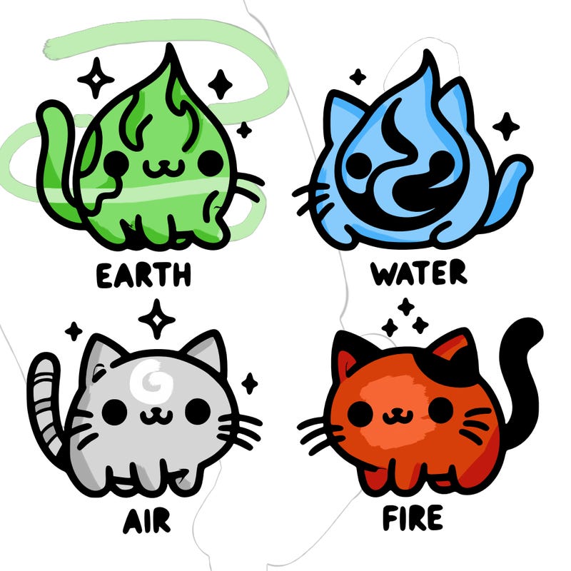 4 cats that represent the different elements, earth, water, air, and fire