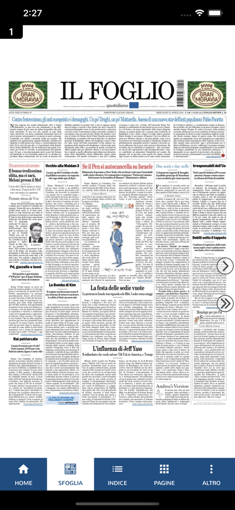 Il Foglio - Digital front page of the Il Foglio newspaper in its mobile app interface