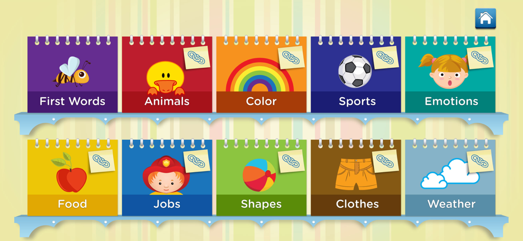 Spell, Write and Read - A colorful menu screen from the app showing various word category books like animals, sports, and emotions on shelves.