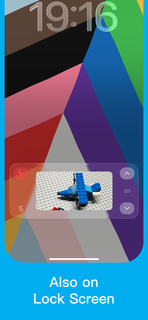 Pin It - Pin Island - iPhone lock screen showing a pinned photo of a Lego airplane in the Pin It app widget.