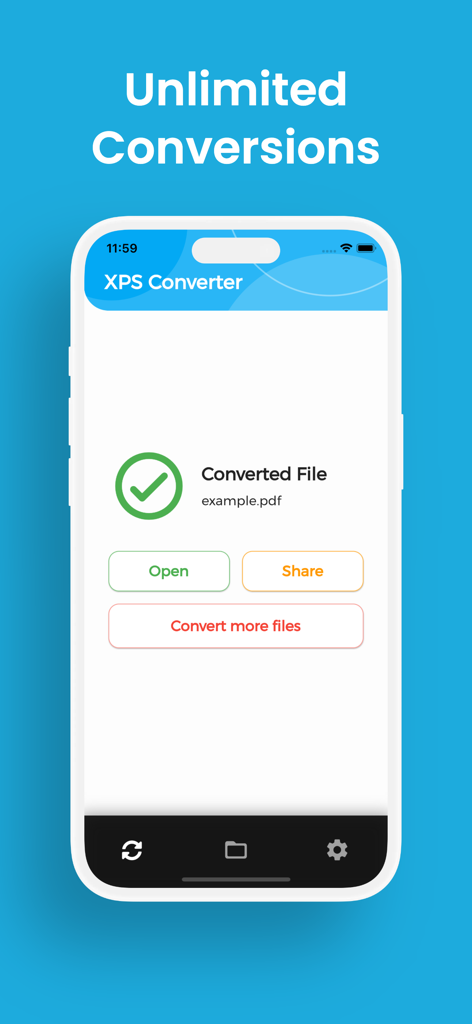 XPS Converter, XPS to PDF - モバイルアプリのインターフェース。正常に変換されたPDFファイルが表示され、開くオプションと共有オプションがあります。