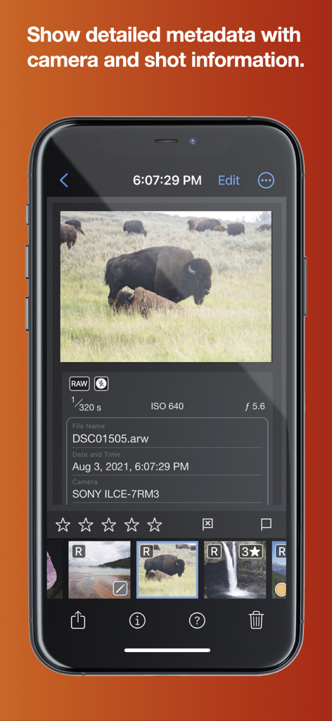 Nitro Photo app interface showing detailed camera metadata and shot information for a RAW image