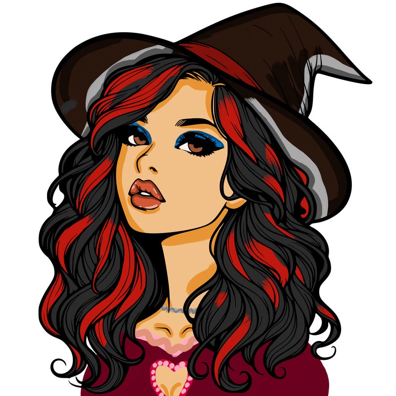 realistic witch girl with wavy hair and lips
