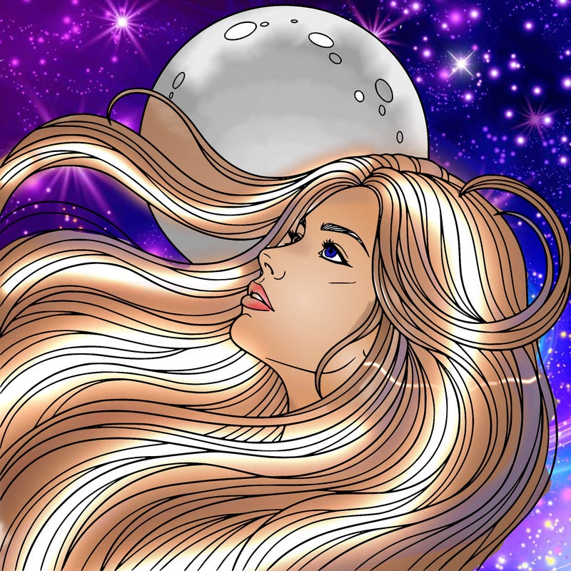 a lady looking up at the moon. she has long hair and it's a close up on the face.
