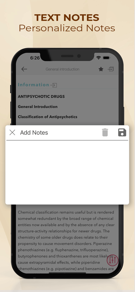 Oberfläche der Maudsley Prescribing Guideline App, die die personalisierte Textnotizfunktion über Informationen zu psychiatrischen Medikamenten anzeigt