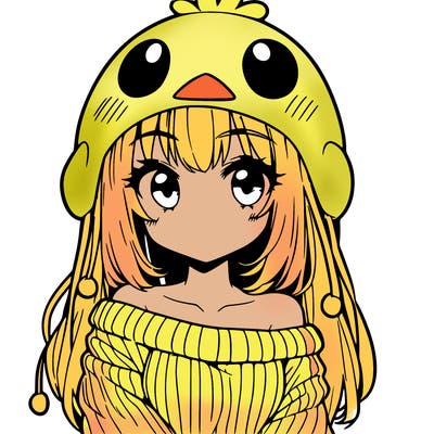 anime girl with chick shaped hat with sweater with bare shoulders with bangs covering them one eye with low tail