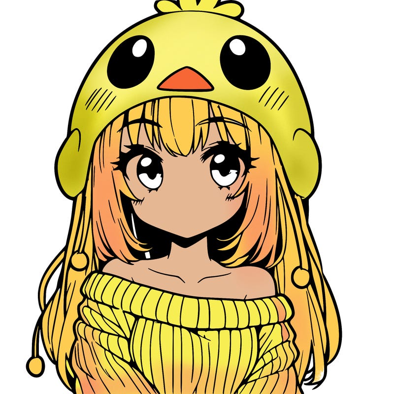 anime girl with chick shaped hat with sweater with bare shoulders with bangs covering them one eye with low tail